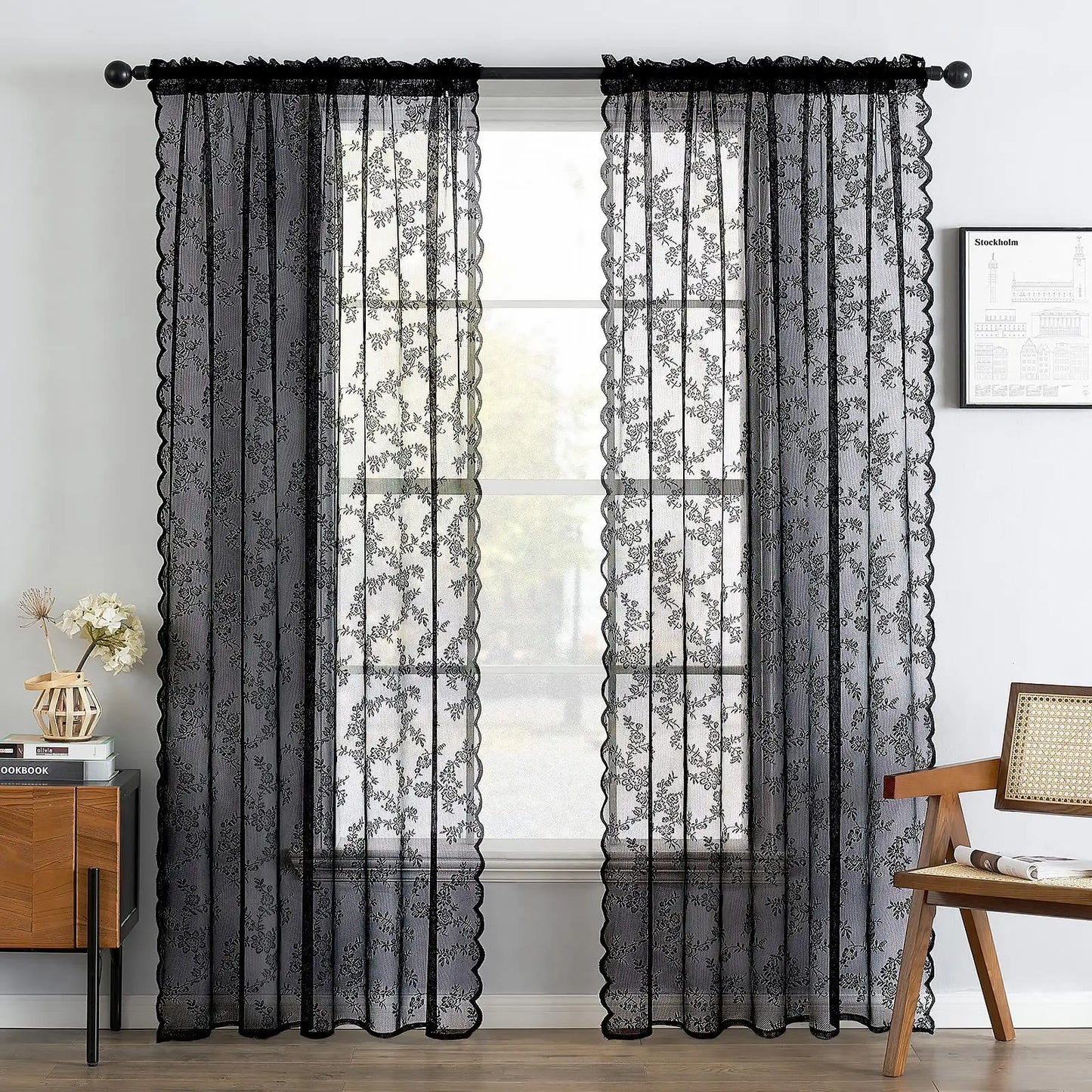 Vintage Embroidered Floral Chiffon Lace Curtain For Living Room