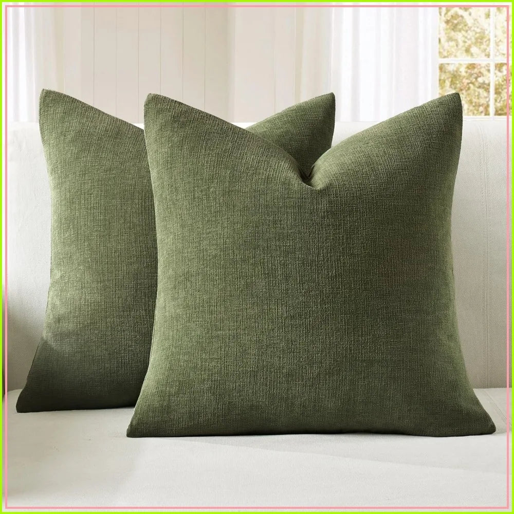 Olive Green Chenille Throw Pillow Covers 18x18 Set of 2 Soft Decorative for Sofa Living Room Bedroom