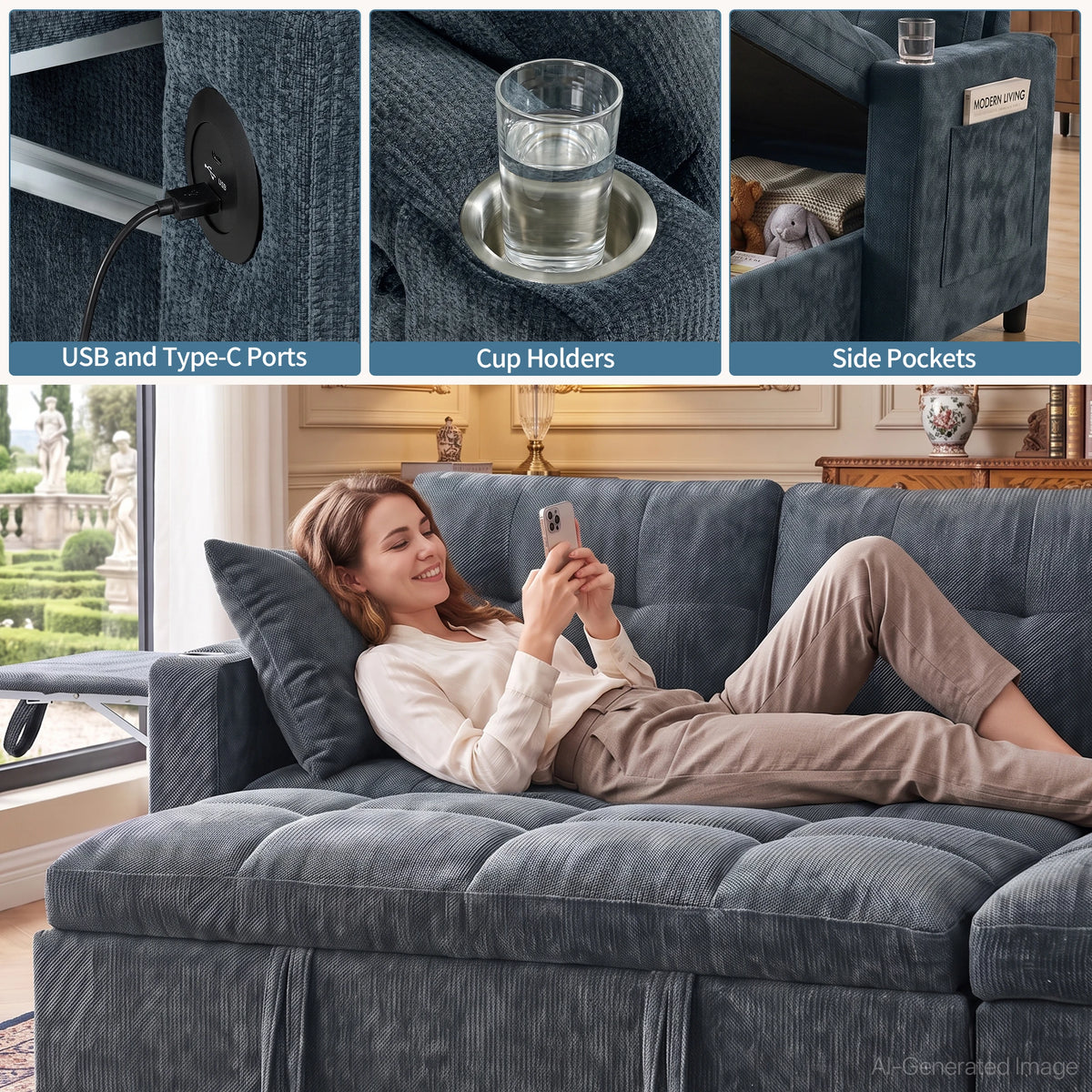 Convertible U-Shaped Sleeper Sofa, 107.8" 2-in-1 Pull Out Bed Sectional with Double Storage Chaise, Charging Station and Cup Holders, Chenille Fabric Couch for Living Room, Blue