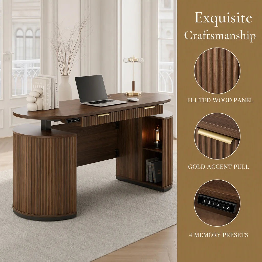 Electric Standing Desk with Storage Drawers, 63'' Executive Height Adjustable Desk with Privacy Panel and Shelves, Wood Fluted Computer Desk for Home Office