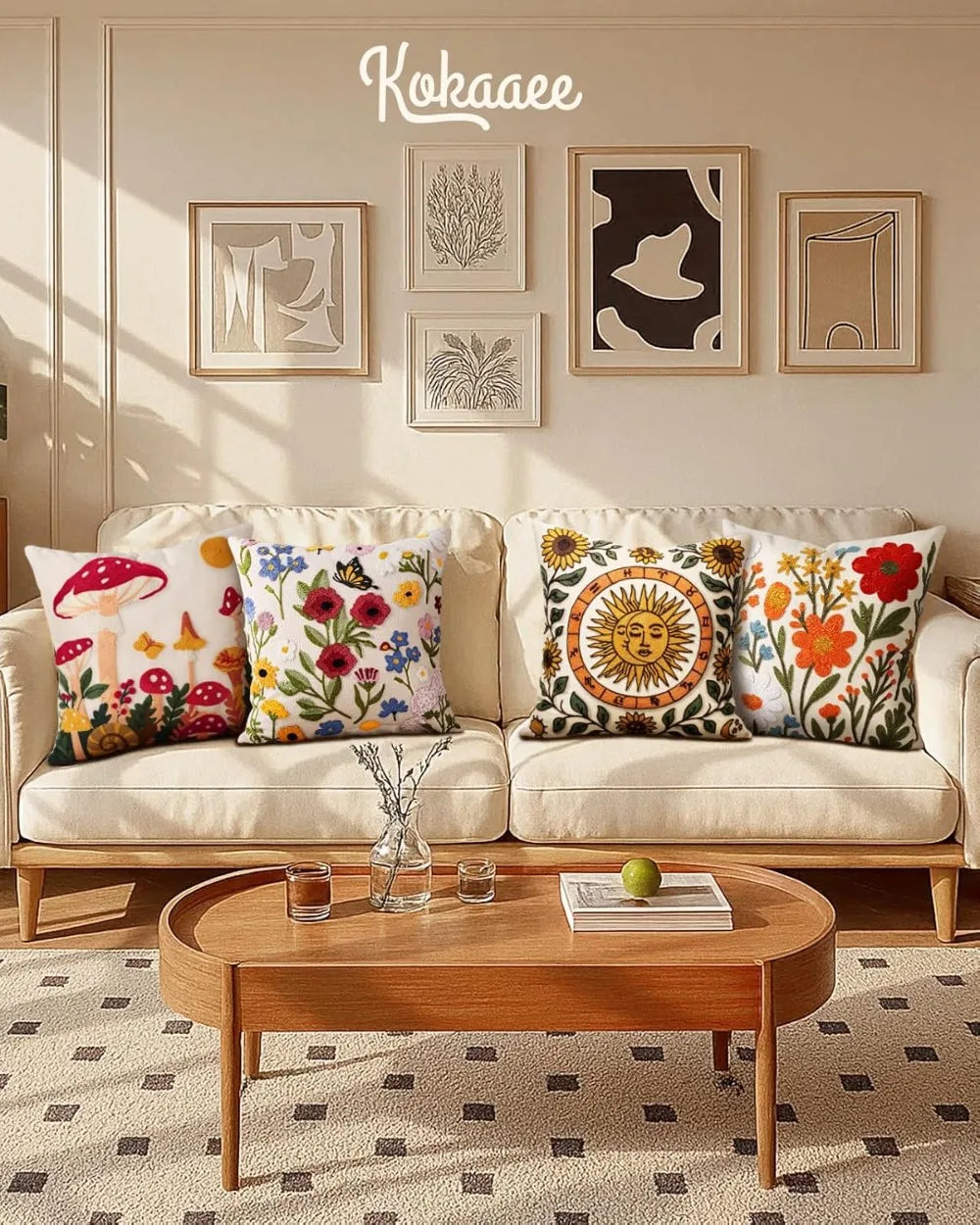 Boho Embroidered Pillow Cover 18x18 - Spring Summer Floral Cushion Case with Zipper for Couch Sofa