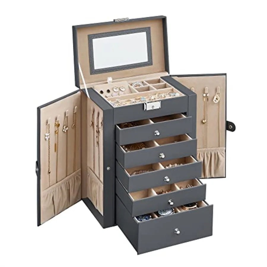 6-Layer Jewelry Box Organizer with 5 Drawers, Jewelry Storage Case with Lock and Mirror, Large Storage Capacity, Gift for Loved