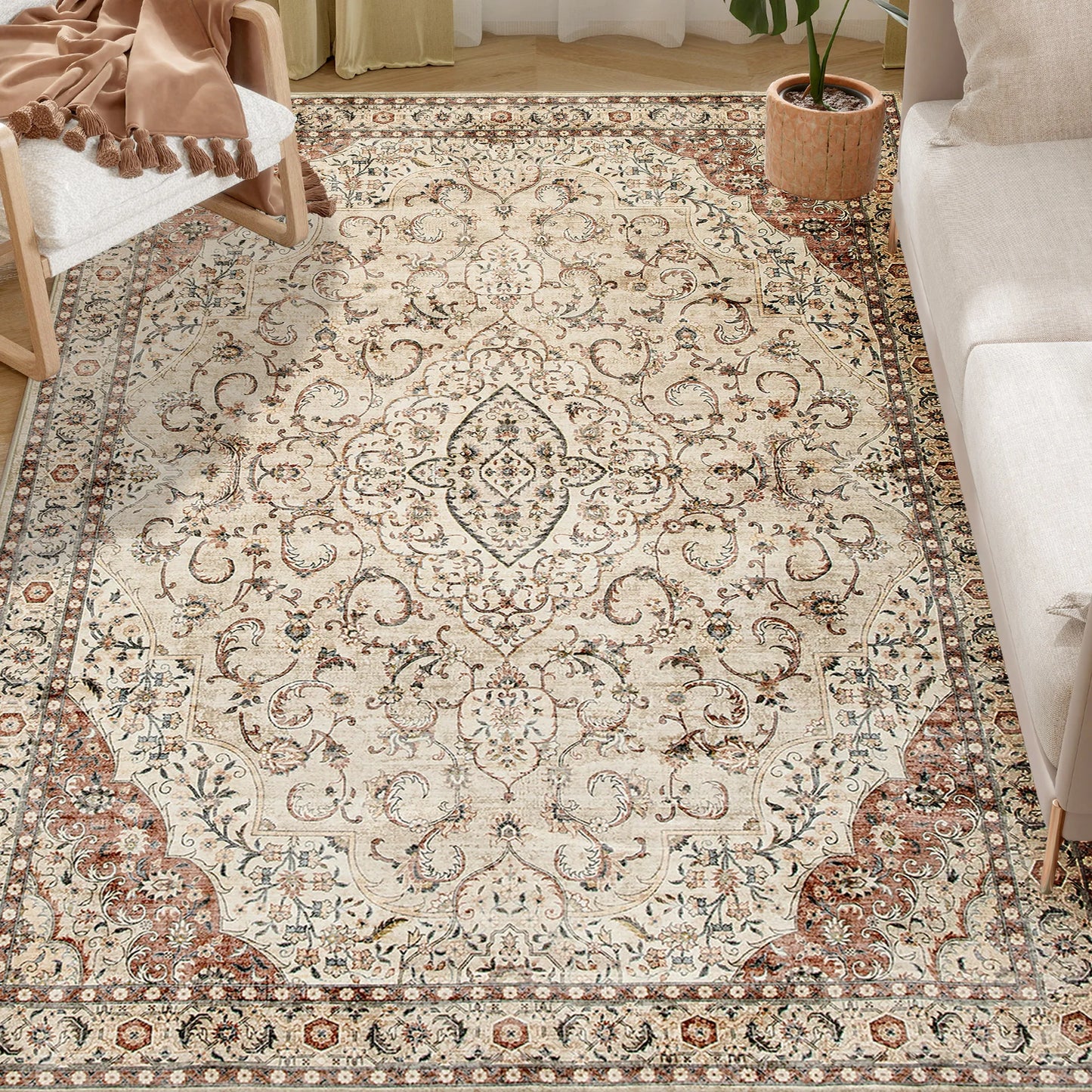 Machine Washable Area Rug, 5x7 Vintage Oriental Medallion Distressed Rugs Soft Printed Floor Mat, Mixed-Brown