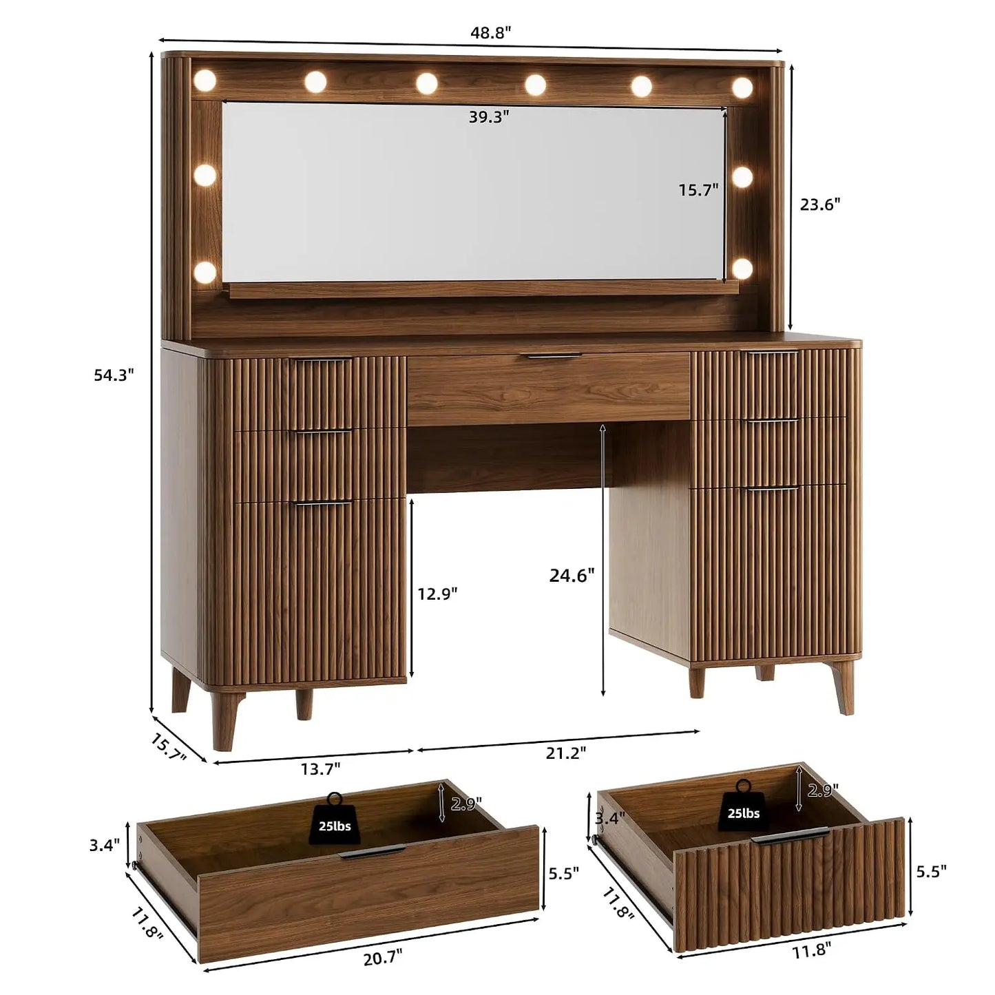 48.8" Wood Fluted Vanity Desk, Large 39.3" Lighted Mirror Makeup Dressing Table, Customized