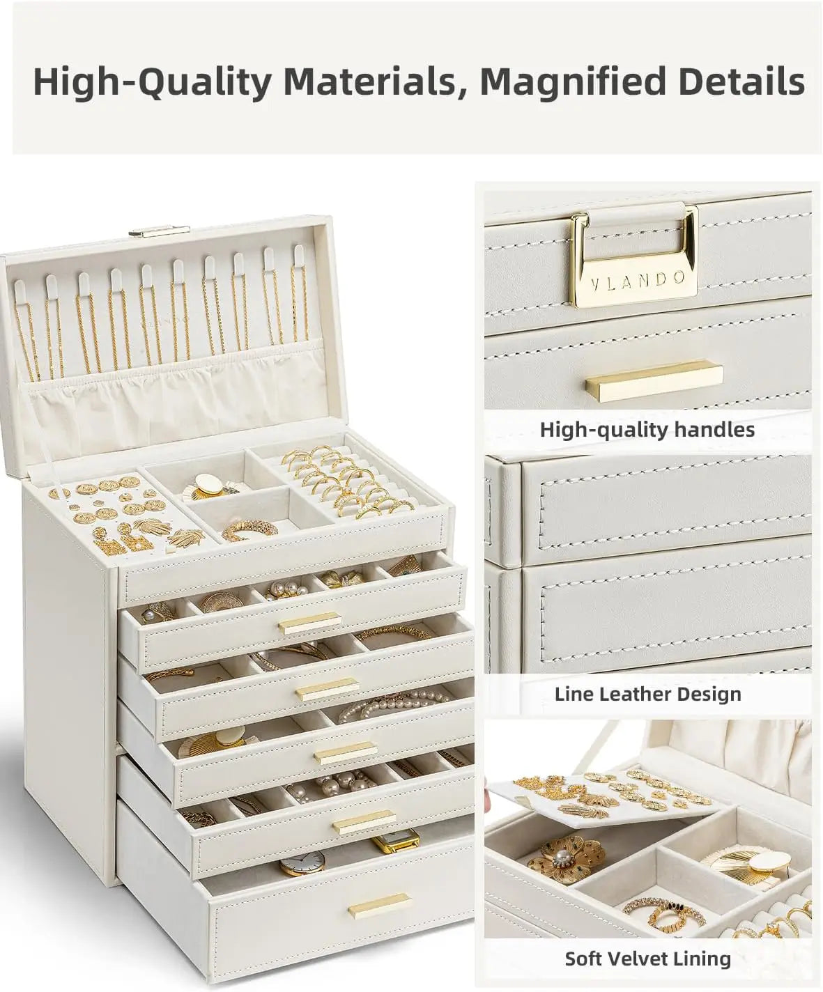 LUNEVA Store VLANDO 6 Layer Large Jewelry Box - Jewelry Holder Organizer, Jewelry Box Organizer for Drawer Necklace Ring Bracelet and Watch, Birthday Gift for Loved Ones - Beige