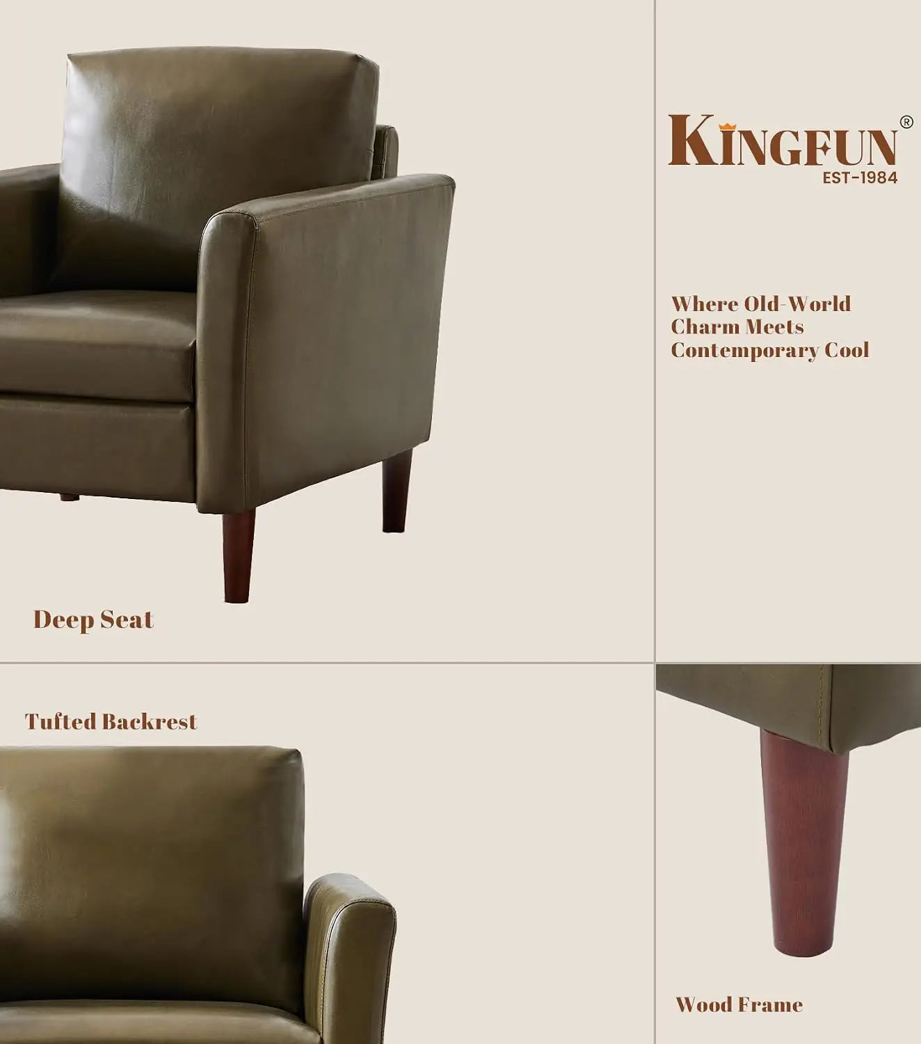 Accent Chair for Living Room, Mid Century Modern Upholstered PU Leather Armchair with Rolled Arms and Deep Seat,, Customized