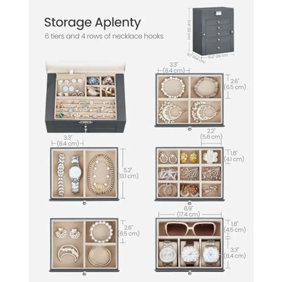 6-Layer Jewelry Box Organizer with 5 Drawers, Jewelry Storage Case with Lock and Mirror, Large Storage Capacity, Gift for Loved