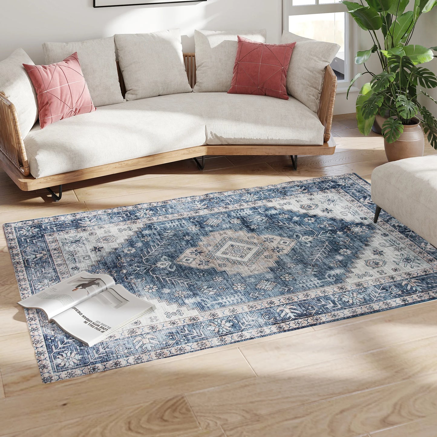 Machine Washable Area Rug, 4'x6' Vintage Oriental Medallion Distressed Rugs Soft Printed Floor Mat, Blue