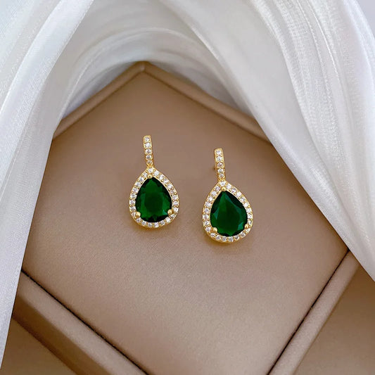 XIYANIKE Water Drop Emerald Zircon Pendant Necklace Earrings Jewelry Set For Women Stainless Steel Chain Necklaces Party Gift