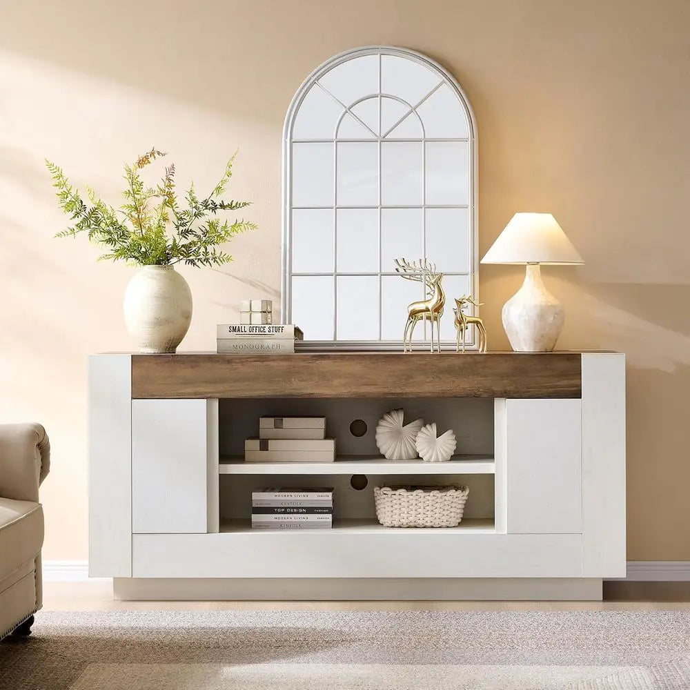 Modern Wood TV Stand with Large Storage and Side Cabinets