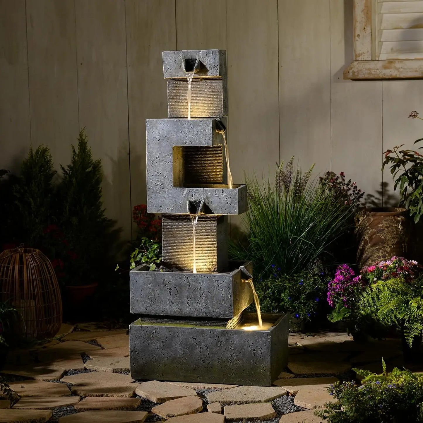 5-Tier Tree Trunk Outdoor Water Fountain LED Garden Decor