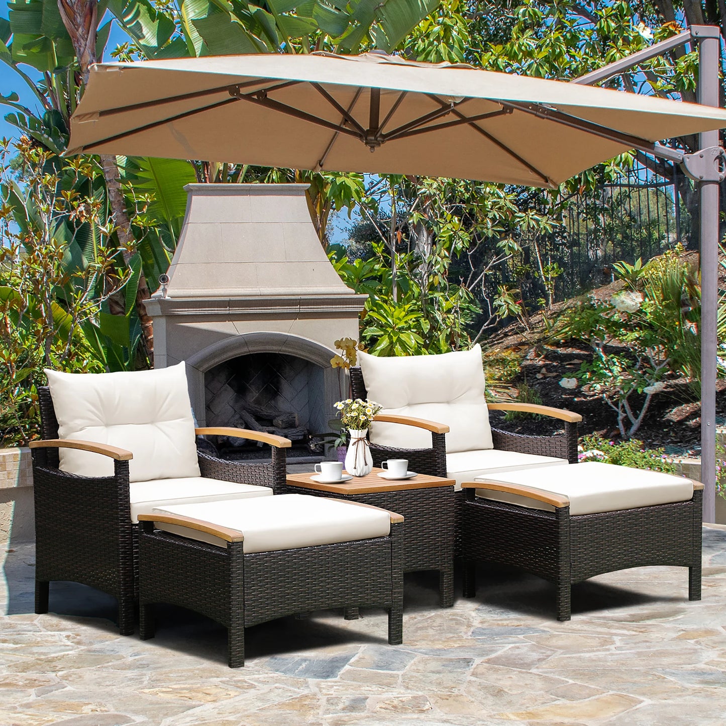 HOMASIS 5-Piece Patio Rattan Furniture Set With Cushioned Wood-Top Table