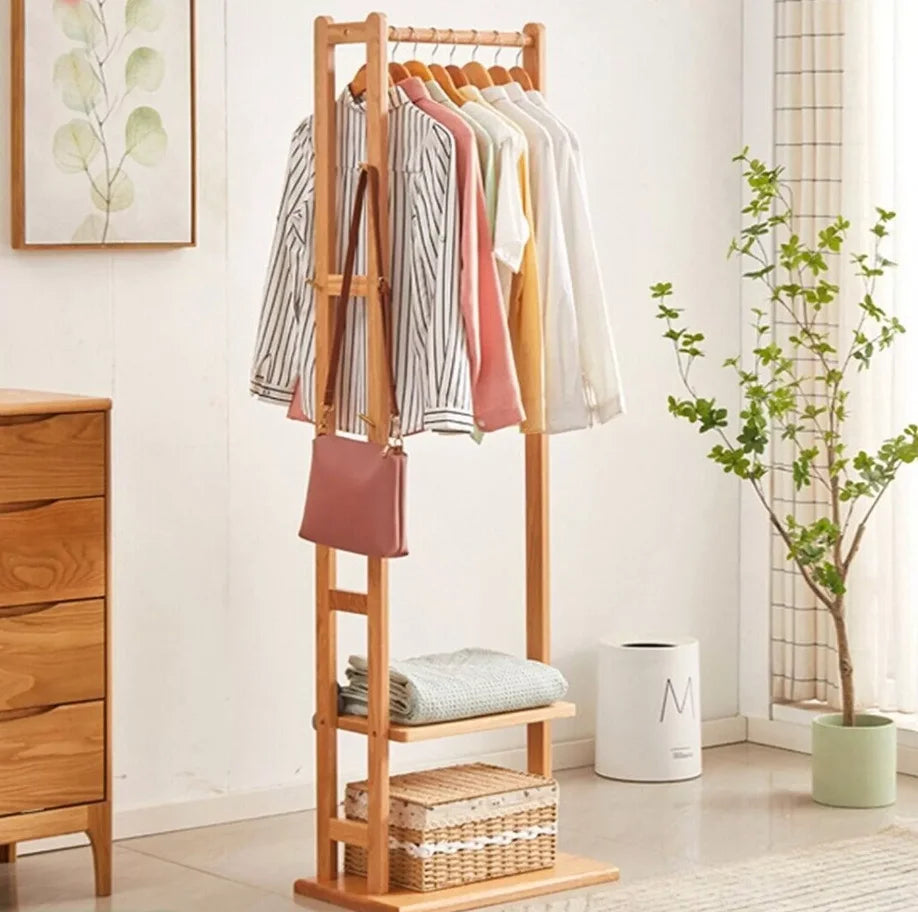 Bamboo Corner Coat Rack Stand Hall Tree Entryway Clothing Organizer Eco-Friendly Storage for Living Room Bedroom