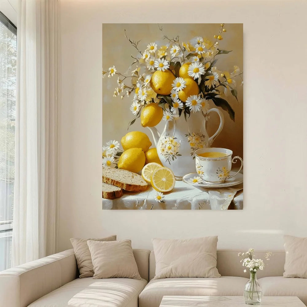 Vintage Framed Floral Wall Art Featuring Lemons and Vase