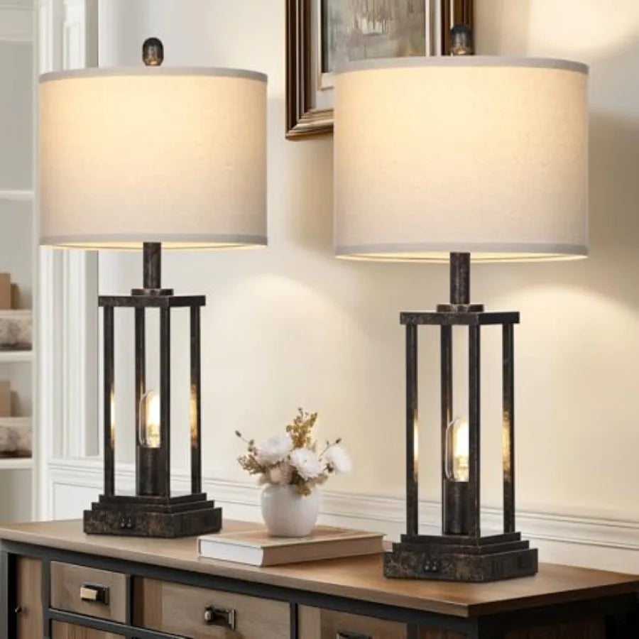 Rustic Farmhouse Table Lamps With Night Light, Set of Two