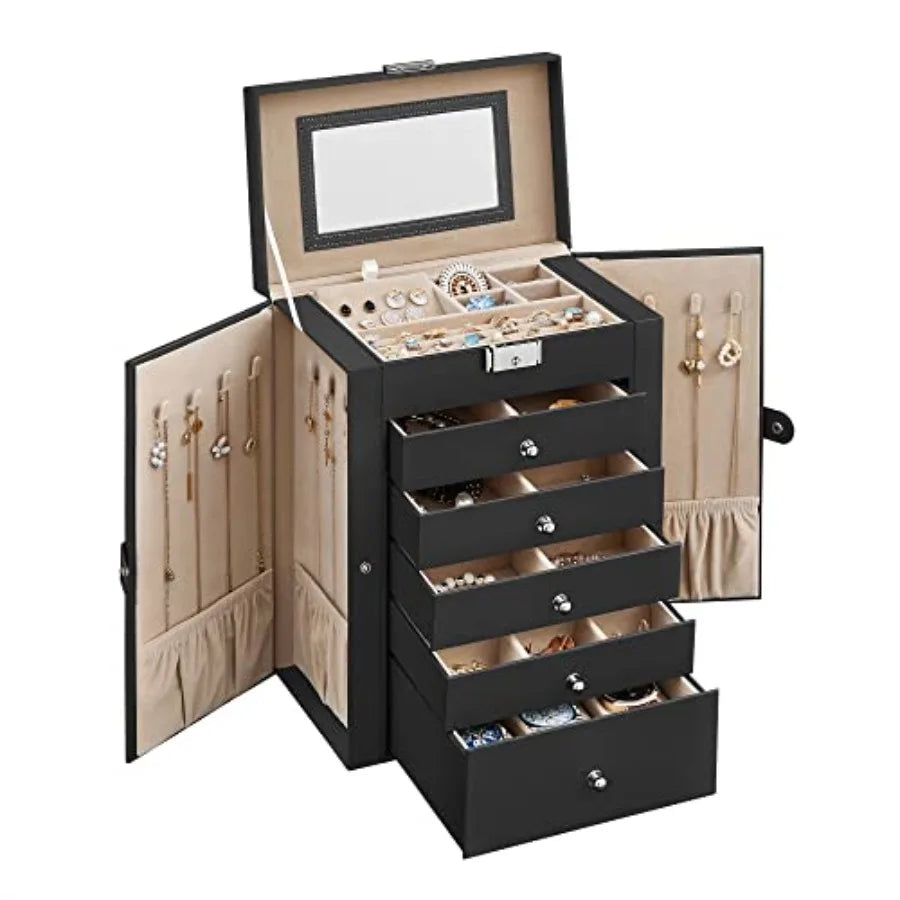 6-Layer Jewelry Box Organizer with 5 Drawers, Jewelry Storage Case with Lock and Mirror, Large Storage Capacity, Gift for Loved