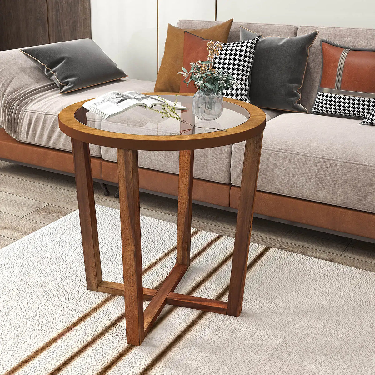 Homasis Modern Round End Table Featuring Tempered Glass Top
