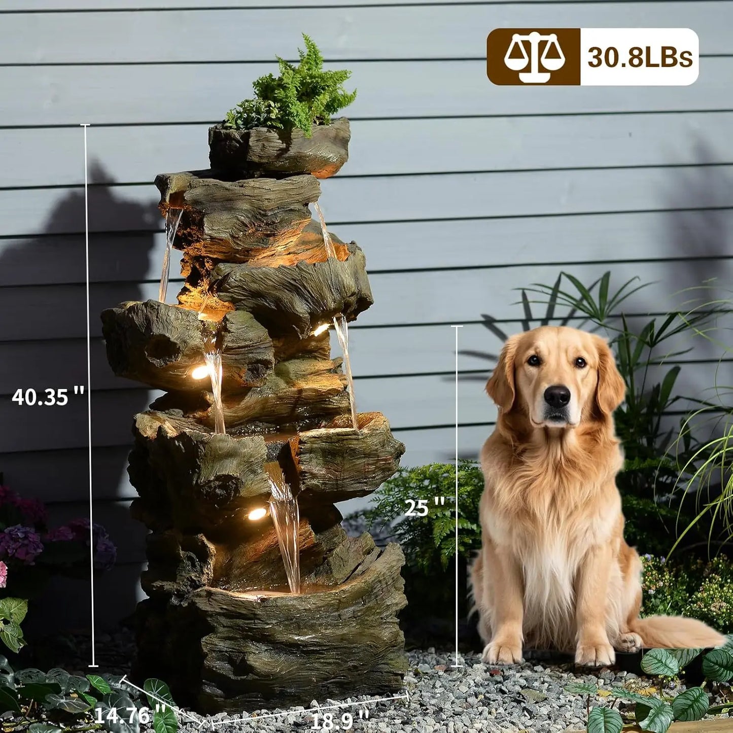 5-Tier Tree Trunk Outdoor Water Fountain LED Garden Decor