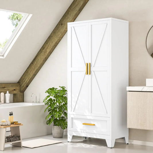 71" White Metal Wardrobes Closet With Hanging Rod and Drawers,Barn Doors, Adjustable Shelves For Home, Bedroom, Laundry room