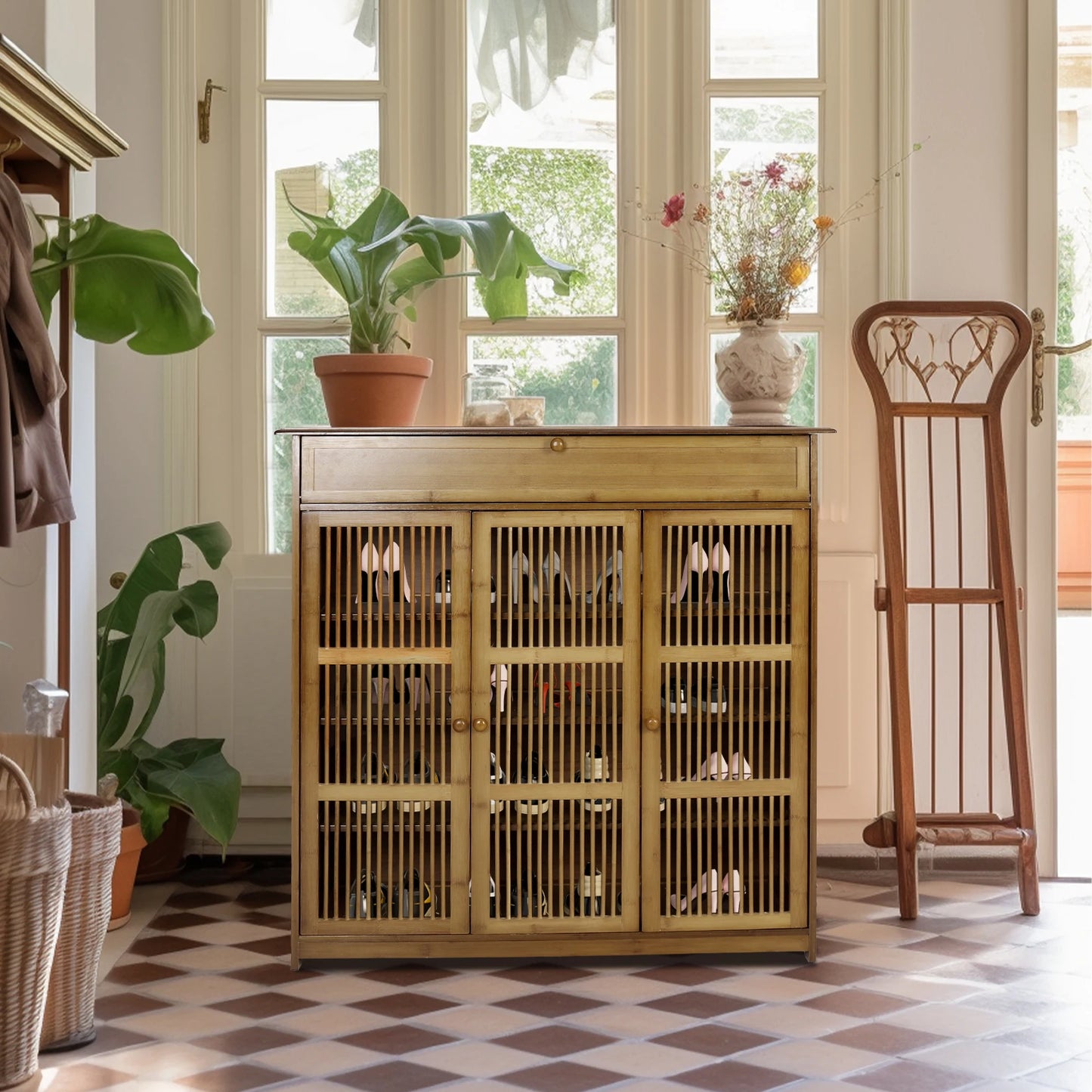 4 Tier Shelves Shoe Storage Cabinet Shoes Rack with 3 Hollow Doors Shoe Organizer Cabinet for Entryway Closet Hallway