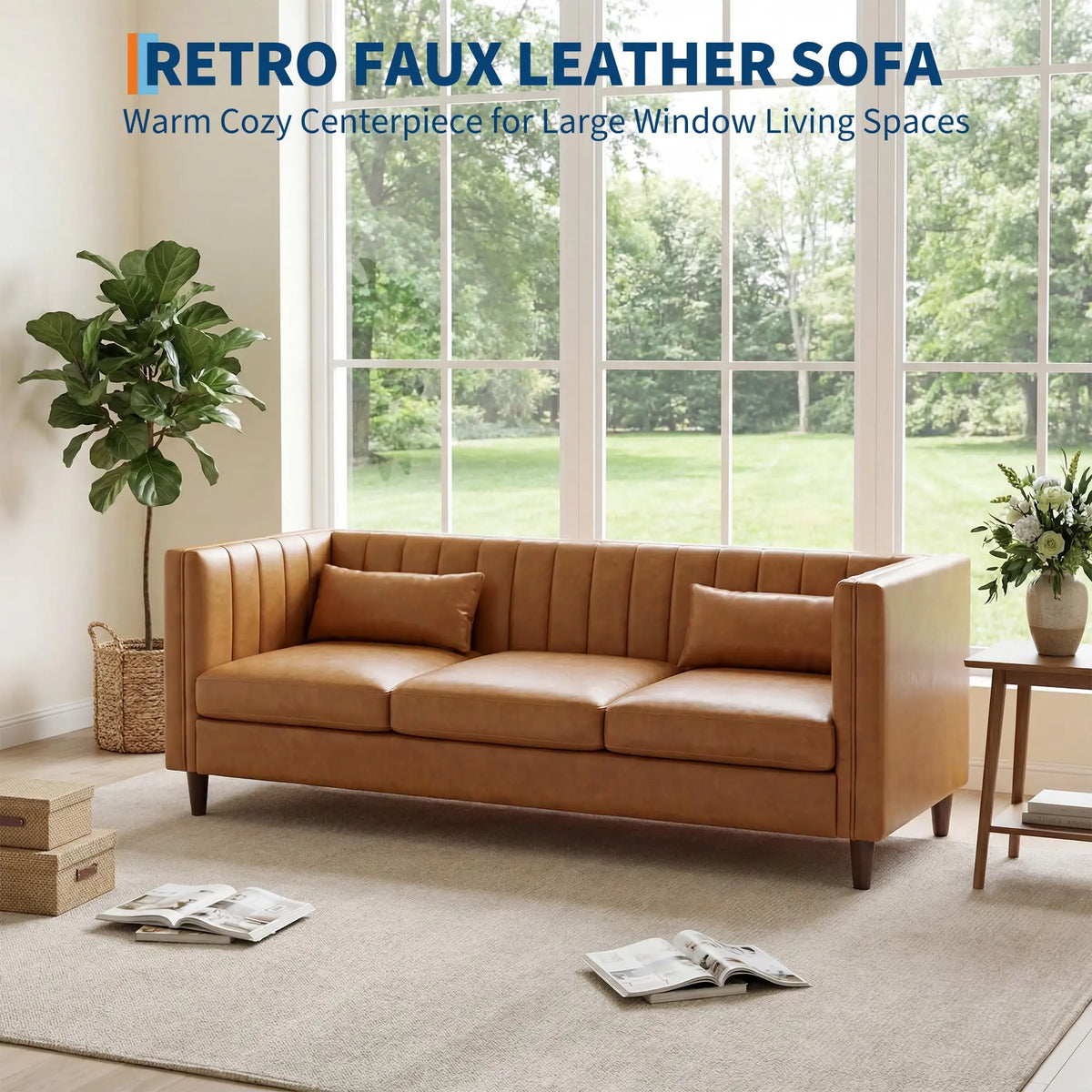 HiMISS Mid Century Modern Three Seat Faux Leather Sofa