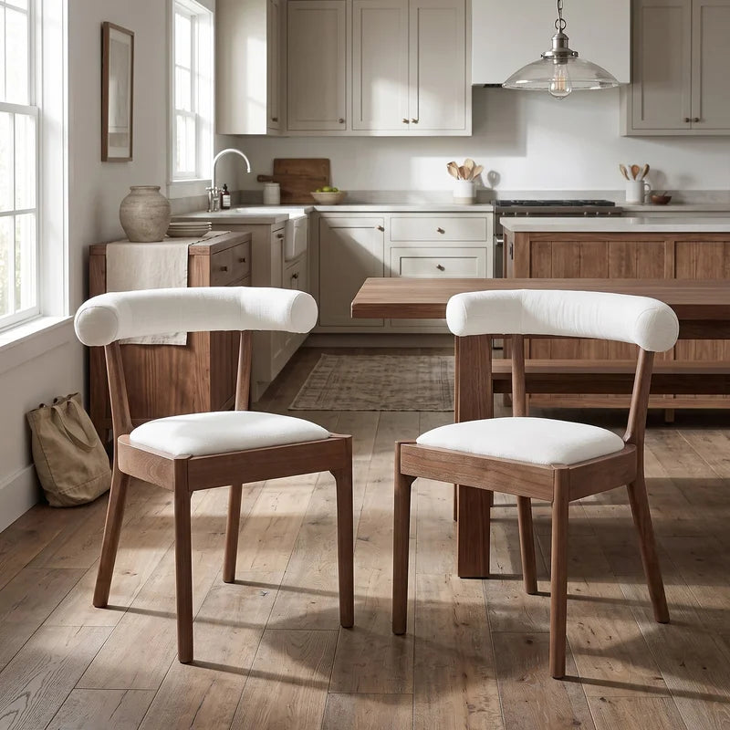 Set of 2 Linen Dining Room Side Chairs with Curved Open Upholstered Back,White