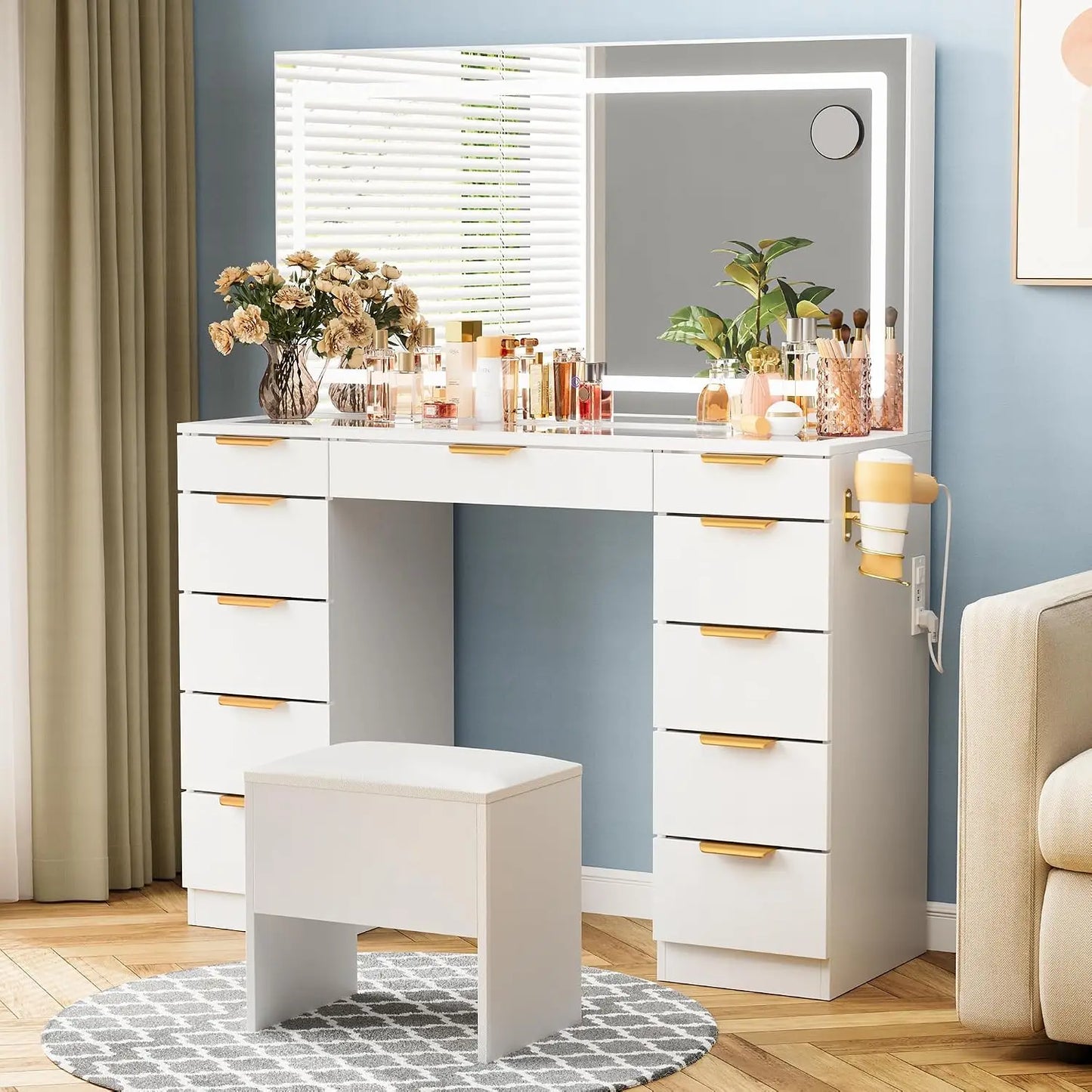 Glass Top Vanity Desk with Mirror and Lights, 11 Drawers Makeup Vanity with Charging Station and Chair, Golden, Customized