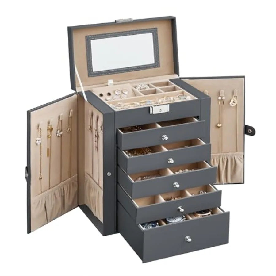 6-Layer Jewelry Box Organizer with 5 Drawers, Jewelry Storage Case with Lock and Mirror, Large Storage Capacity, Gift for Loved