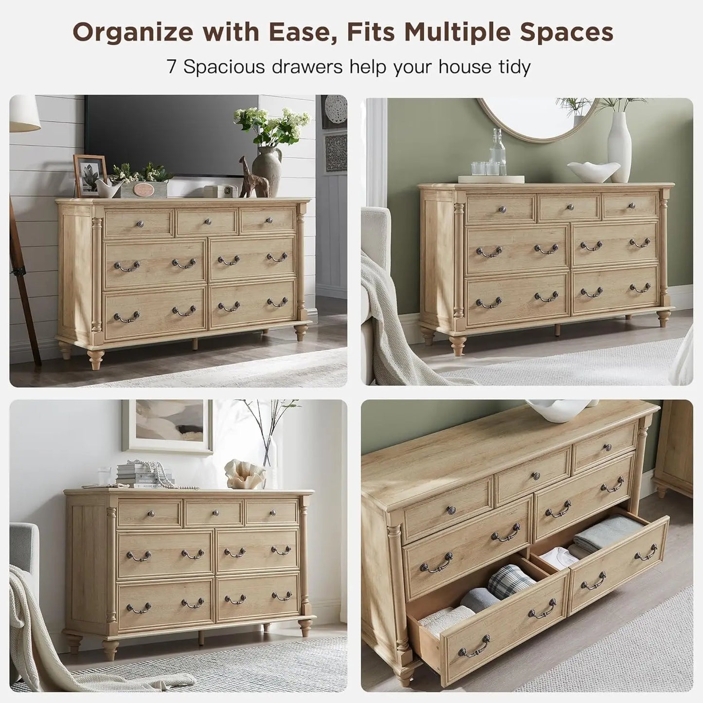 7 Drawer Tall Rustic Solid Wood Dresser with Storage & Feet for Bedroom Living Room, Customized