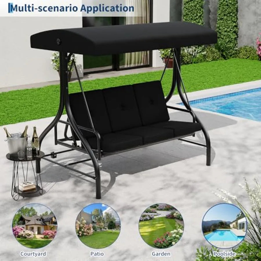 3 Seater Outdoor Porch Swing with Stand for Adults, 2-in-1 Convertible Design Patio Swing, Thick Soft Cushion and Adjustable Re
