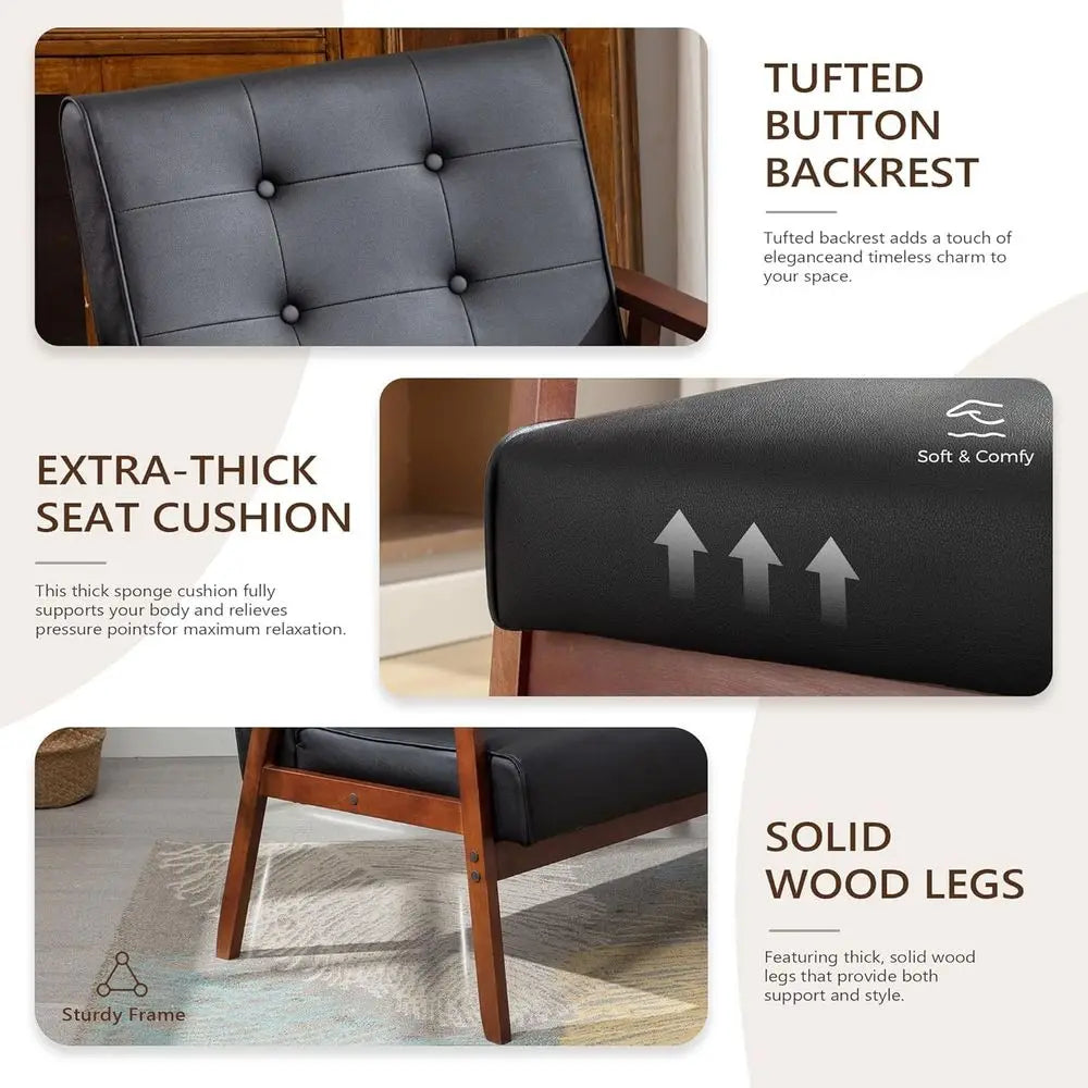 MidCentury Modern Leather Accent Chair Set of 2 Wooden Arm Chair, Upholstered, Tufted Backrest, Office, Living Room