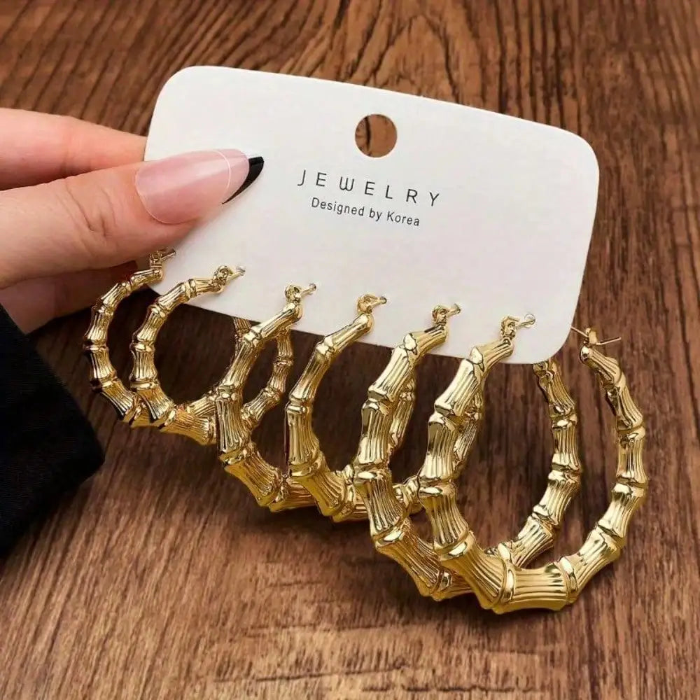 6pcs Golden Bamboo Hoop Earrings for Women, Fashion Statement Jewelry for Daily Wear