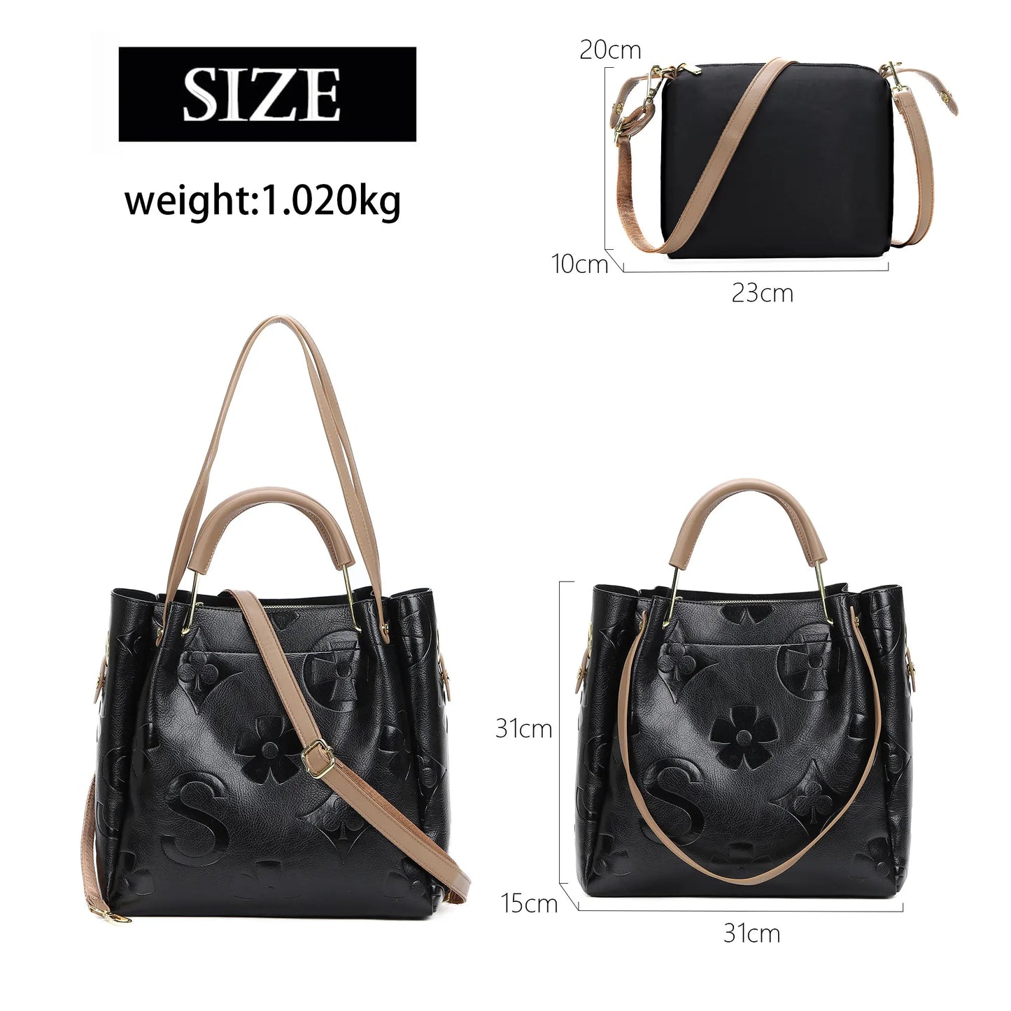 Top Handle Handbag Set Floral Embroidered Vegan Leather Hobo Tote