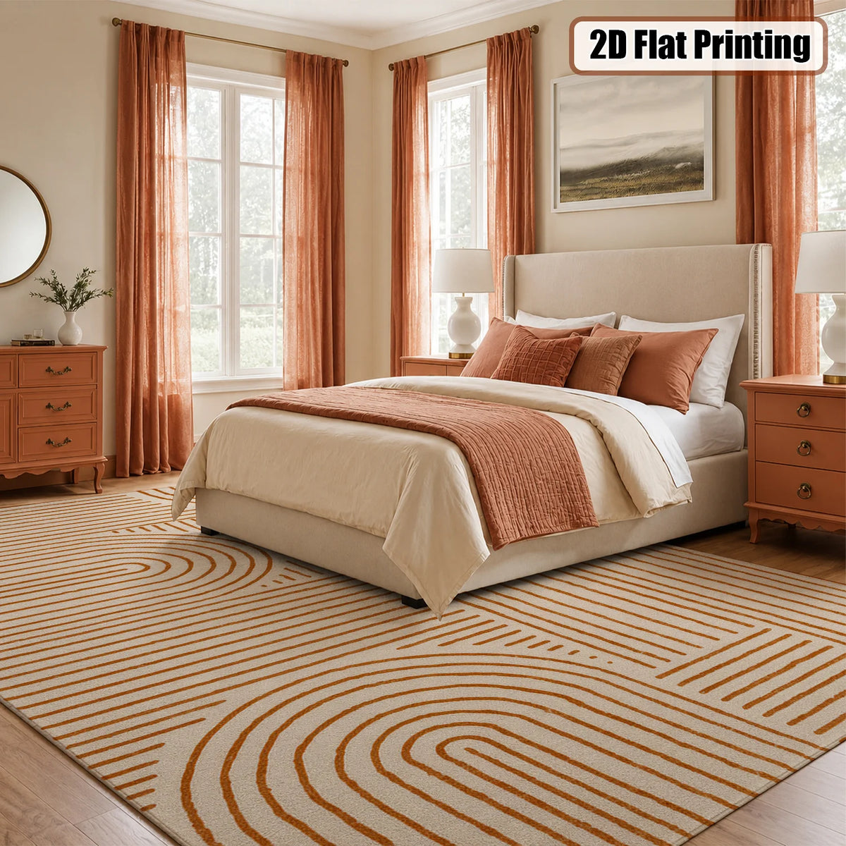 Large Indoor Area Rug, Soft Velvet Low Pile with Non-Slip Dotted Backing, Machine Washable Modern Geometric Line Pattern, Neutral Terracotta Abstract Rug for Living Room and Bedroom Home Decoration