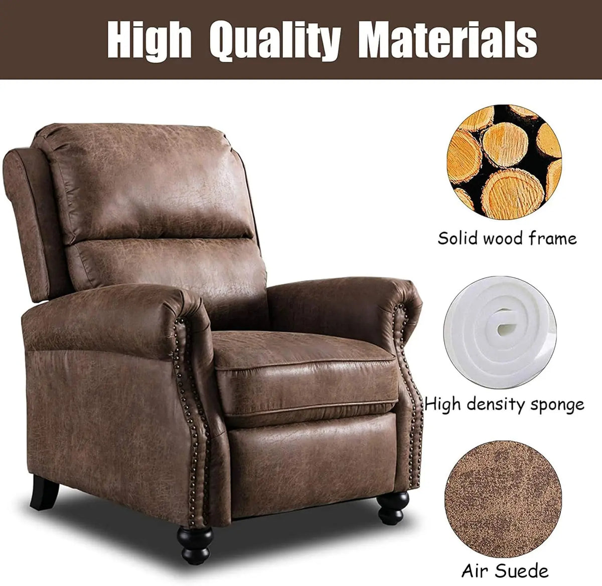 Pushback Recliner Chair Faux Leather Armchair Push Back Recliner with Rivet Decoration Single Sofa Accent Chair for Living Room