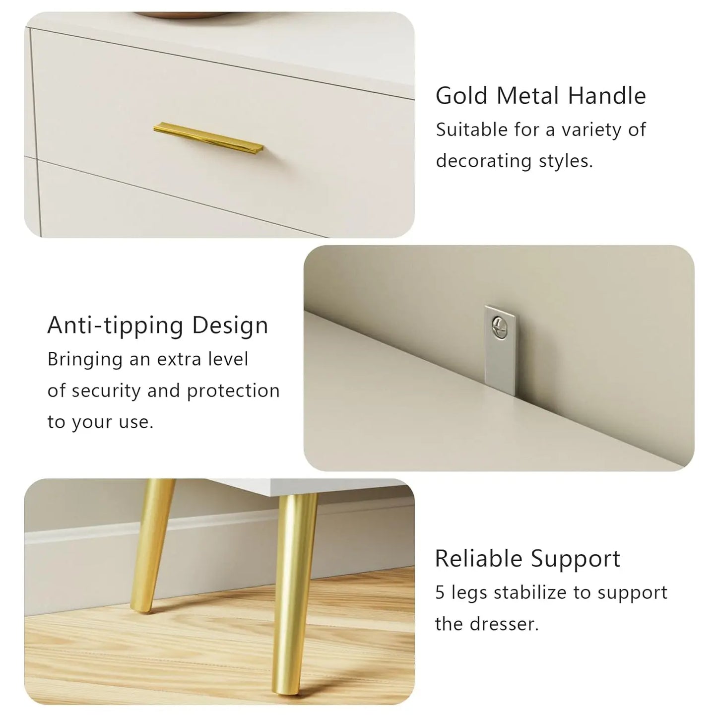 White 6 Drawer Dresser with Gold Handles Wooden Storage Chest for Bedroom Living Room Hallway,Customized