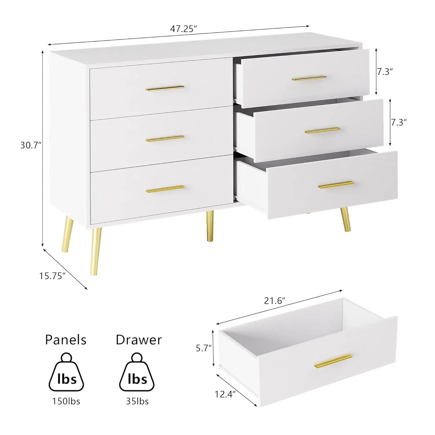 White 6 Drawer Dresser with Gold Handles Wooden Storage Chest for Bedroom Living Room Hallway,Customized