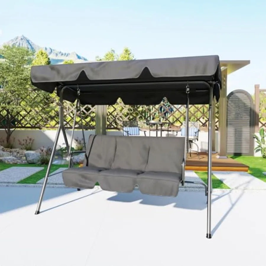 3 Seat Outdoor Porch Patio Swing with Stand and Adjustable Canopy, 800lbs Patio Chairs Porch Swing with Adjustable Tilt Shade f