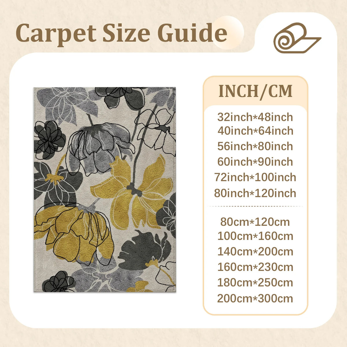 Large Indoor Area Rug, Soft Velvet Low Pile Non-Slip Machine Washable Abstract Floral Rug in Mustard Yellow & Gray Tones for Living Room, Bedroom, Entryway