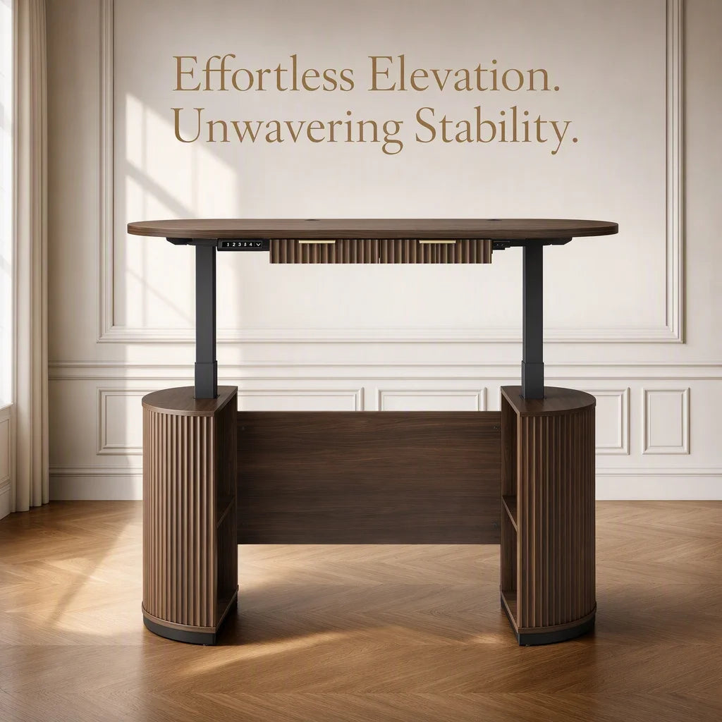 Electric Standing Desk with Storage Drawers, 63'' Executive Height Adjustable Desk with Privacy Panel and Shelves, Wood Fluted Computer Desk for Home Office
