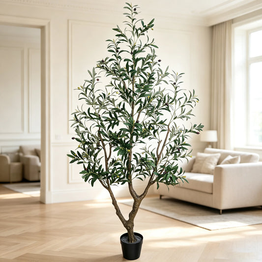1.5/1.8/2.1m Artificial Olive Tree PE Real Touch Faux Olive Tree with Black Pot Outdoor Indoor Artificial Plants with Natural Wood Trunk and Lifelike Fruits for Home Office Decor