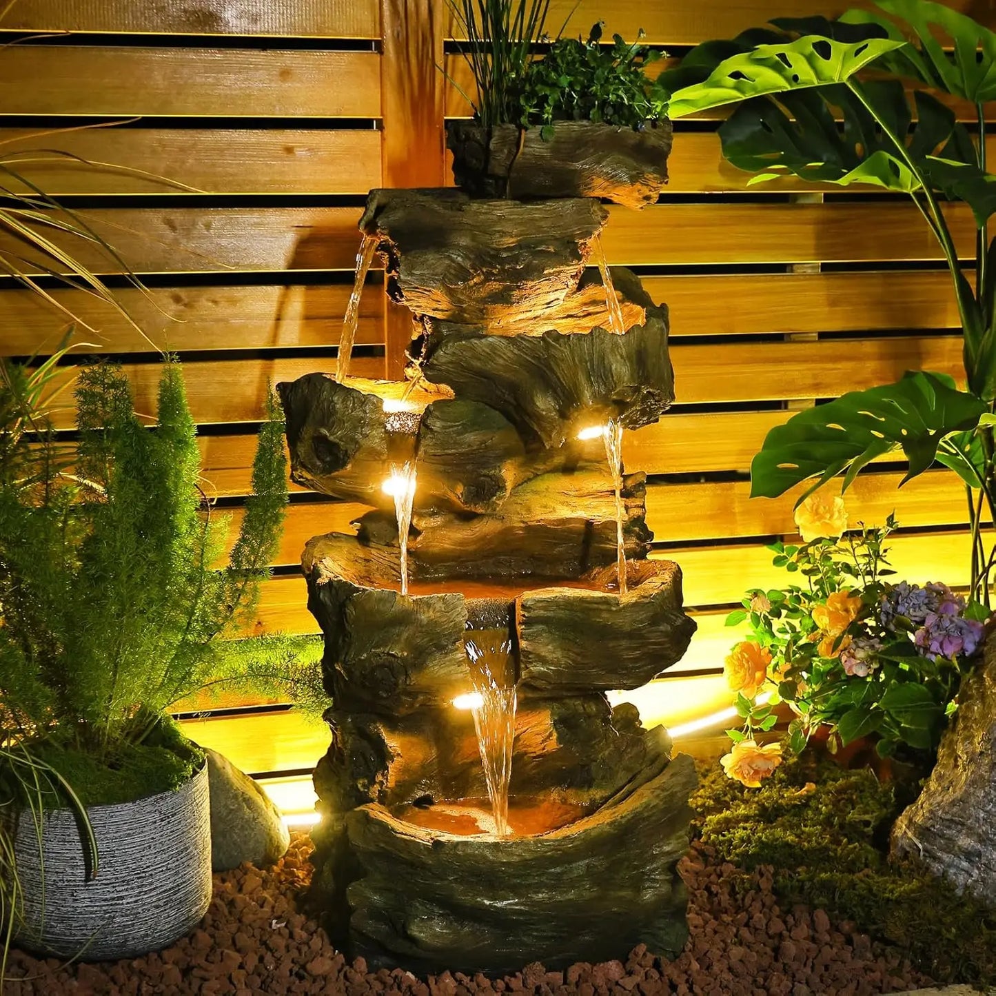 5-Tier Tree Trunk Outdoor Water Fountain LED Garden Decor