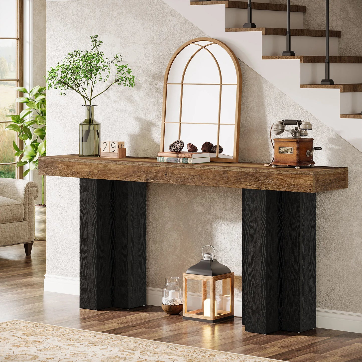 Tribesigns 63-Inch Console Table for Entryway, Farmhouse Entryway Table with Sturdy Legs, Narrow Long Sofa Console Behind Couch for Living Room, Hallway, Foyer, Rustic Brown and Black