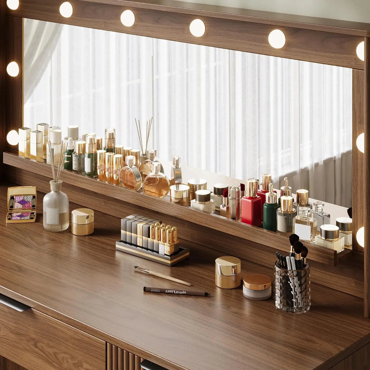 48.8" Wood Fluted Vanity Desk, Large 39.3" Lighted Mirror Makeup Dressing Table, Customized