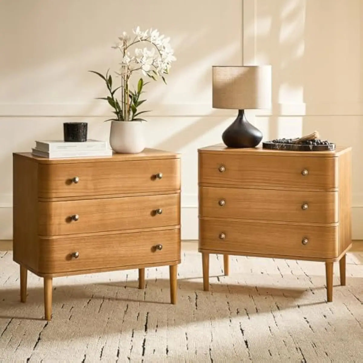 3-Drawer Curved End Table Set with Built-in Outlet & Adjustable Feet – Walnut Finish Solid Wood Construction – Modern Living Roo