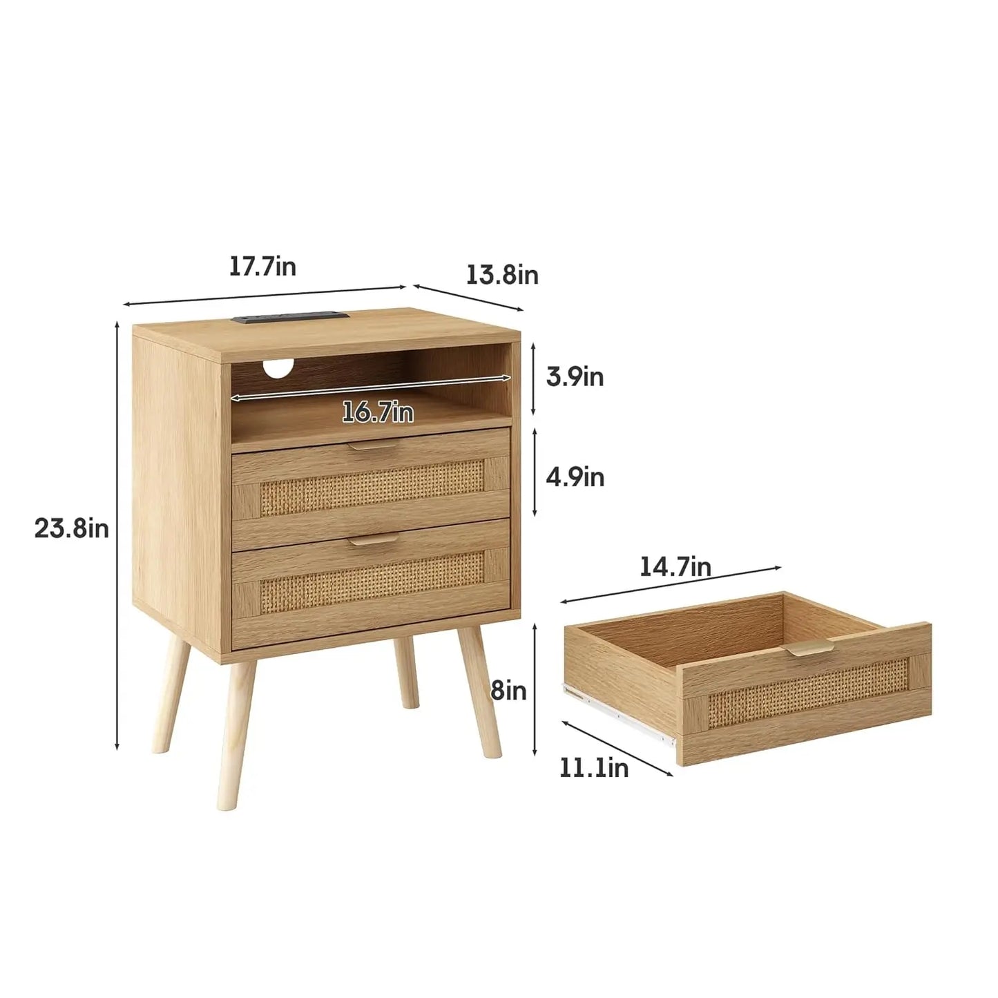 Real Rattan Nightstands Set of 2 with Charging Station and Led Lights, End Tables with 2 Drawers and Solid Wood, Customized