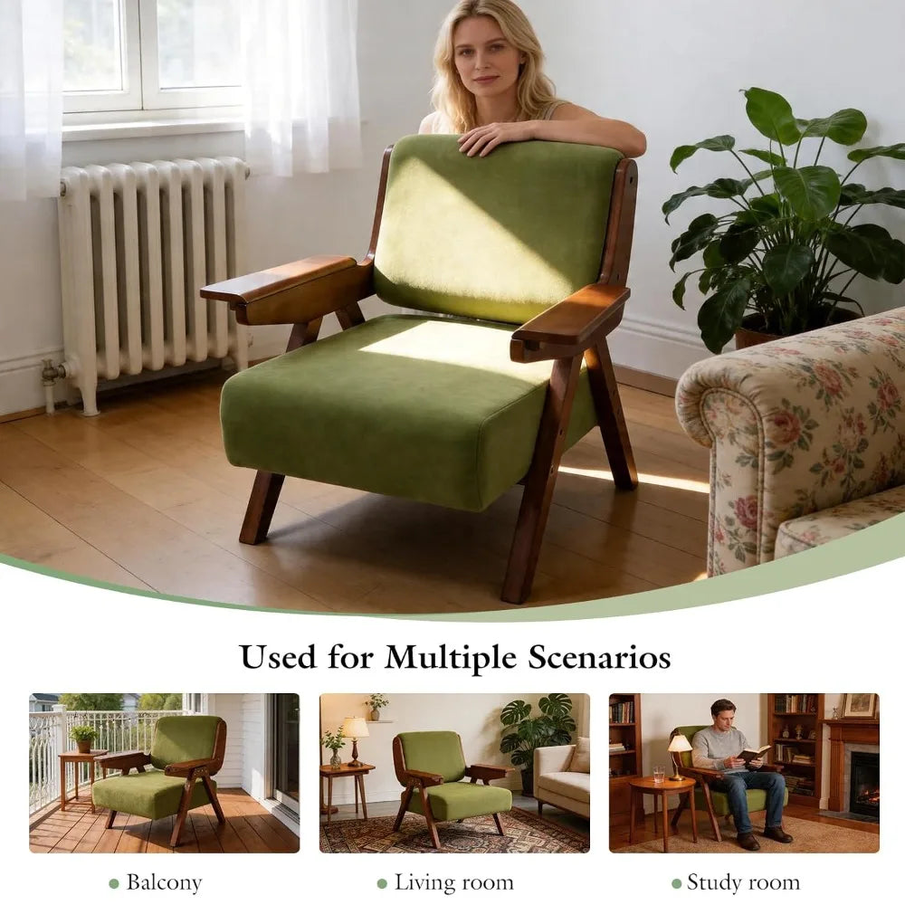 Accent Chair, Mid-Century Modern Velvet Upholstered Lounge Chair with Solid Wood Arms and Thick Cushion, Customized