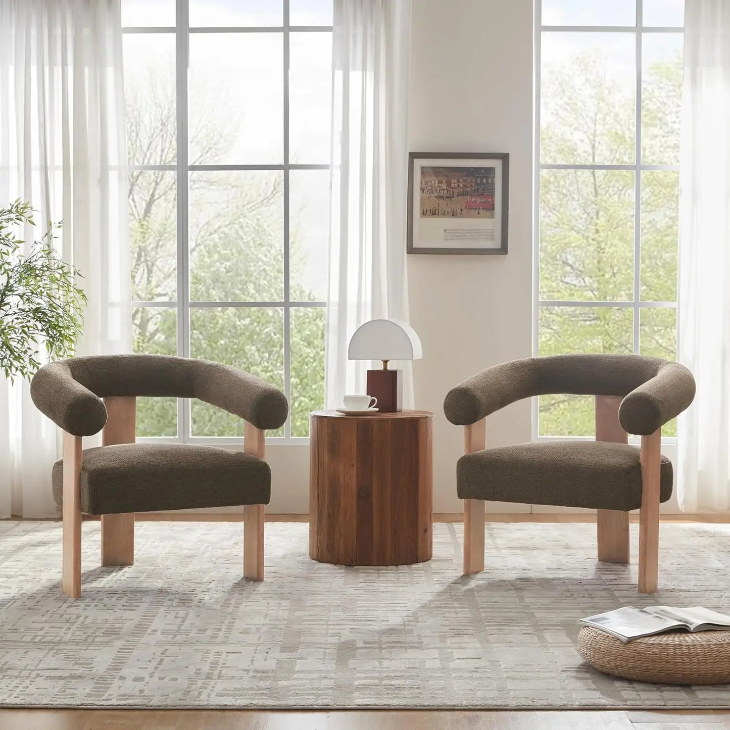 Accent Chair Living Room Chairs Set of 2, Modern Upholstered Arm Chair with Solid Wood Legs, Comfy Barrel Accent, Customized
