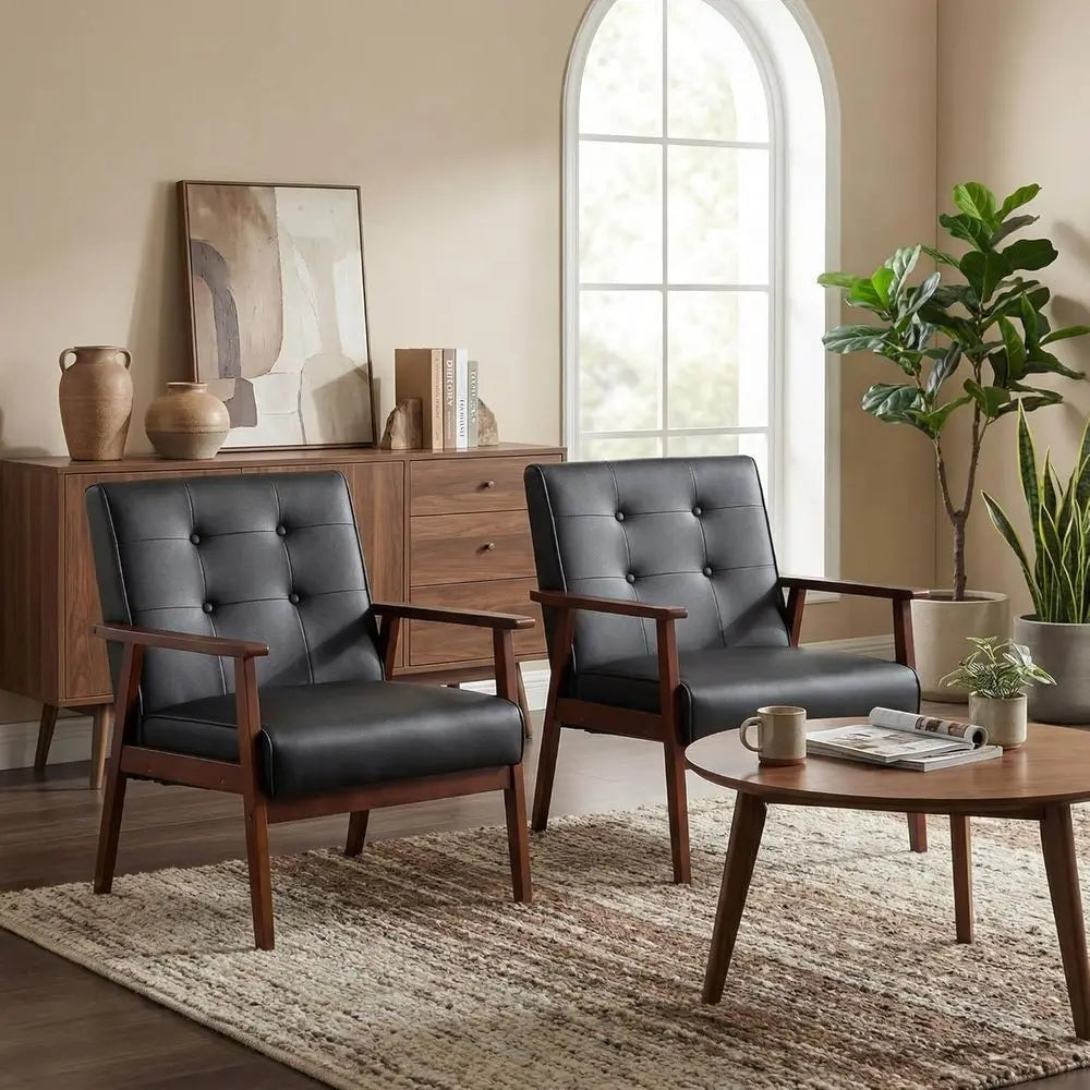 MidCentury Modern Leather Accent Chair Set of 2 Wooden Arm Chair, Upholstered, Tufted Backrest, Office, Living Room