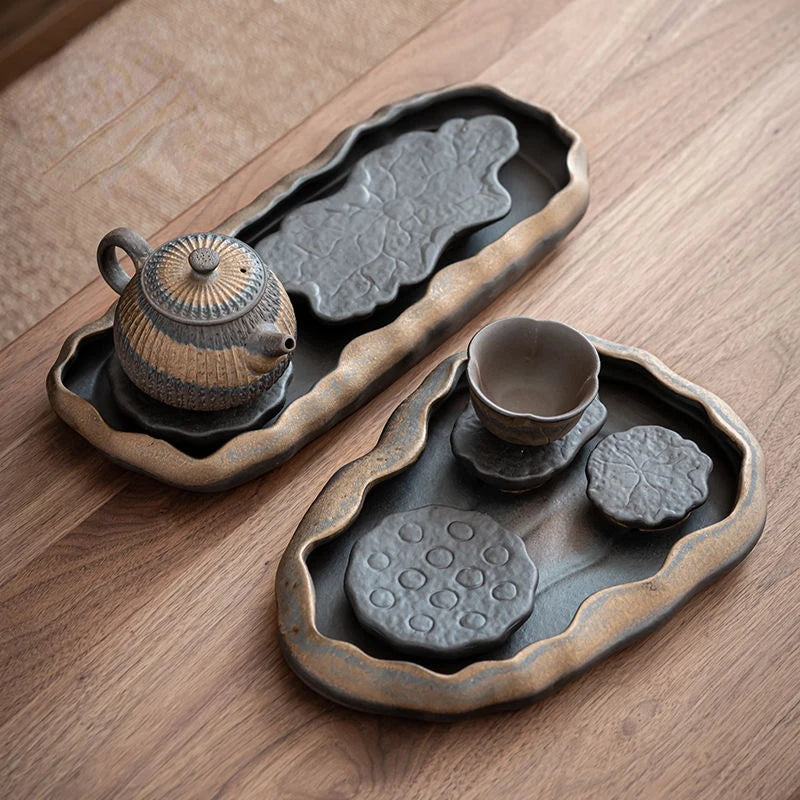 Japanese Gilded Coarse Pottery Tea Tray Zen Tea Making Platform Household Retro Style Tea Set Tray Teaware Kitchen Dining Bar
